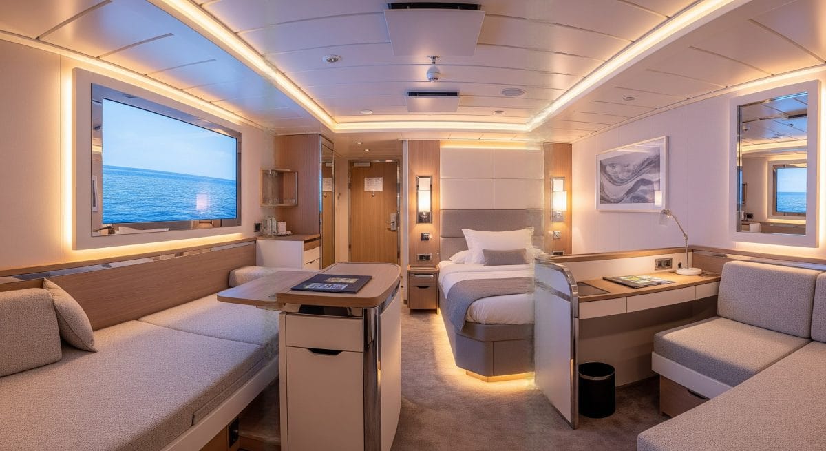 Cruise cabin interior with virtual ocean view screen technology