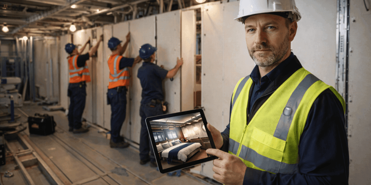 ACCOMAR project manager supervising marine interior installation and coordination at a shipyard construction site